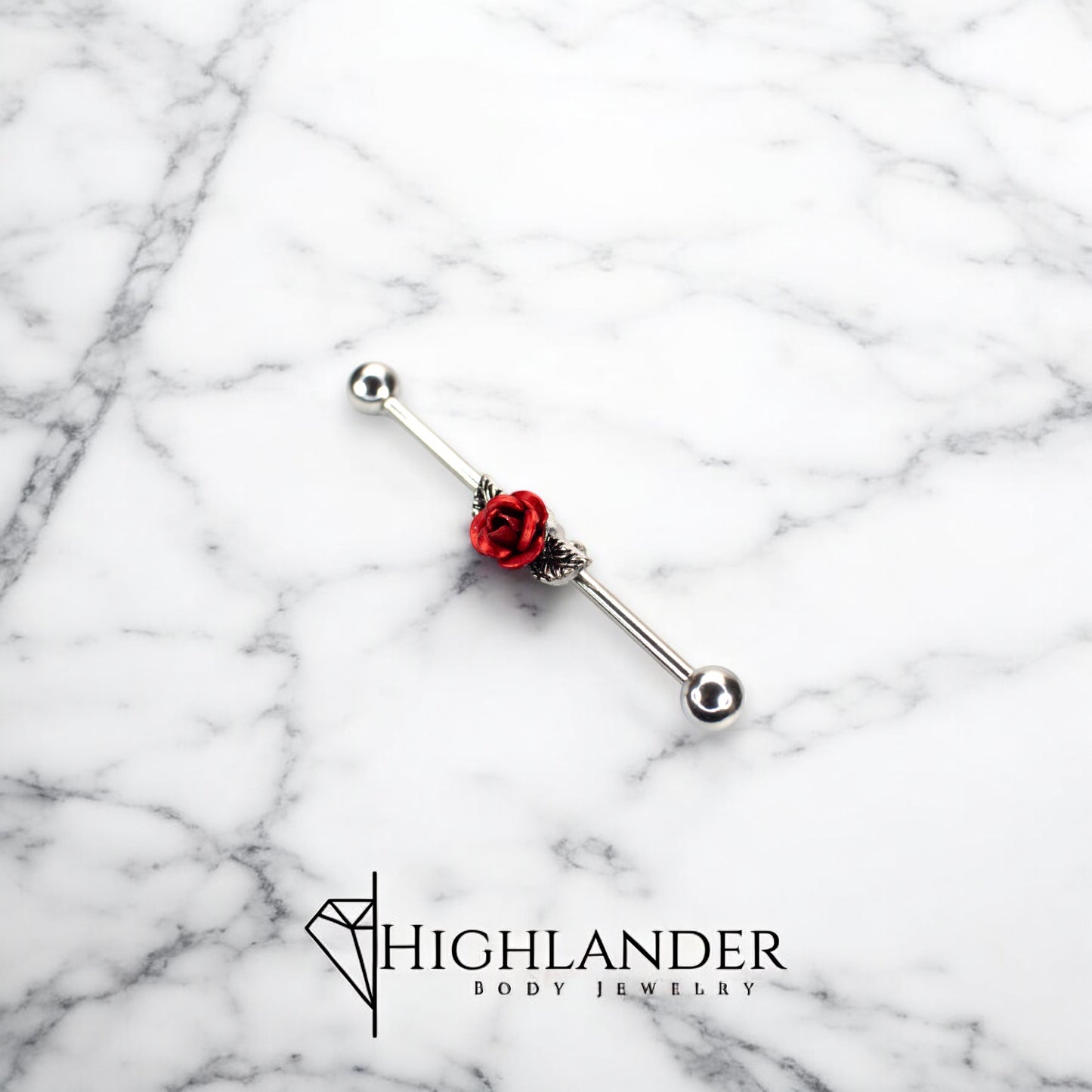 Red Metal Rose with Petals Industrial Barbell