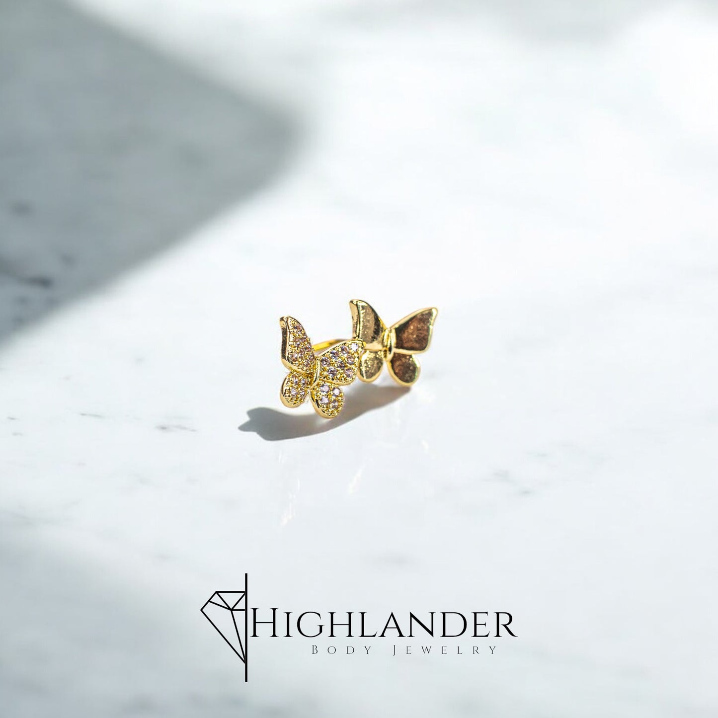 Gold Clear CZ Paved Butterfly and Solid Butterfly Nose Stud