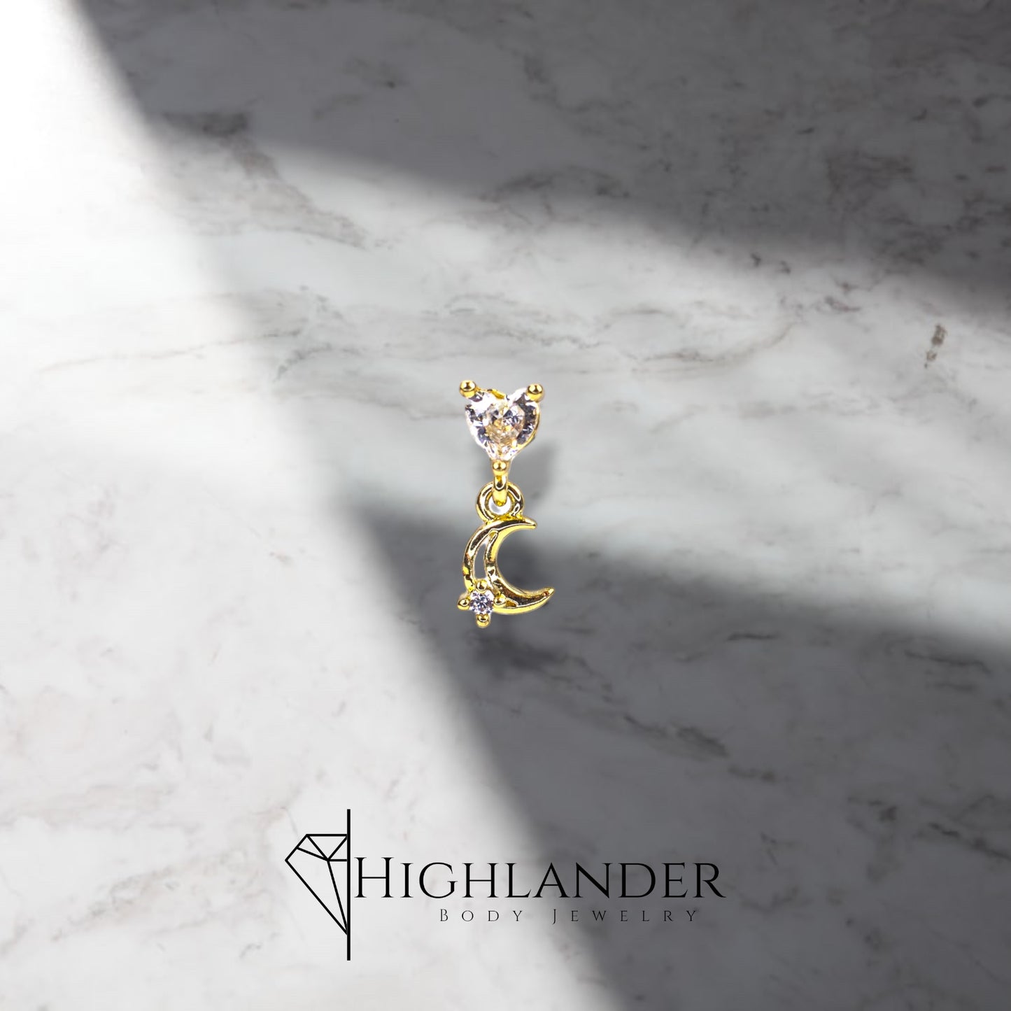 Gold Clear CZ Heart with Moon Dangle Nose Stud