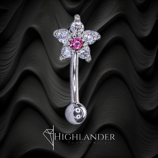 Clear CZ Flower with Pink CZ Center Eyebrow Curved Barbell