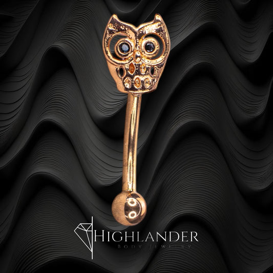 Rose Gold Black CZ Eyed Owl Eyebrow Curved Barbell