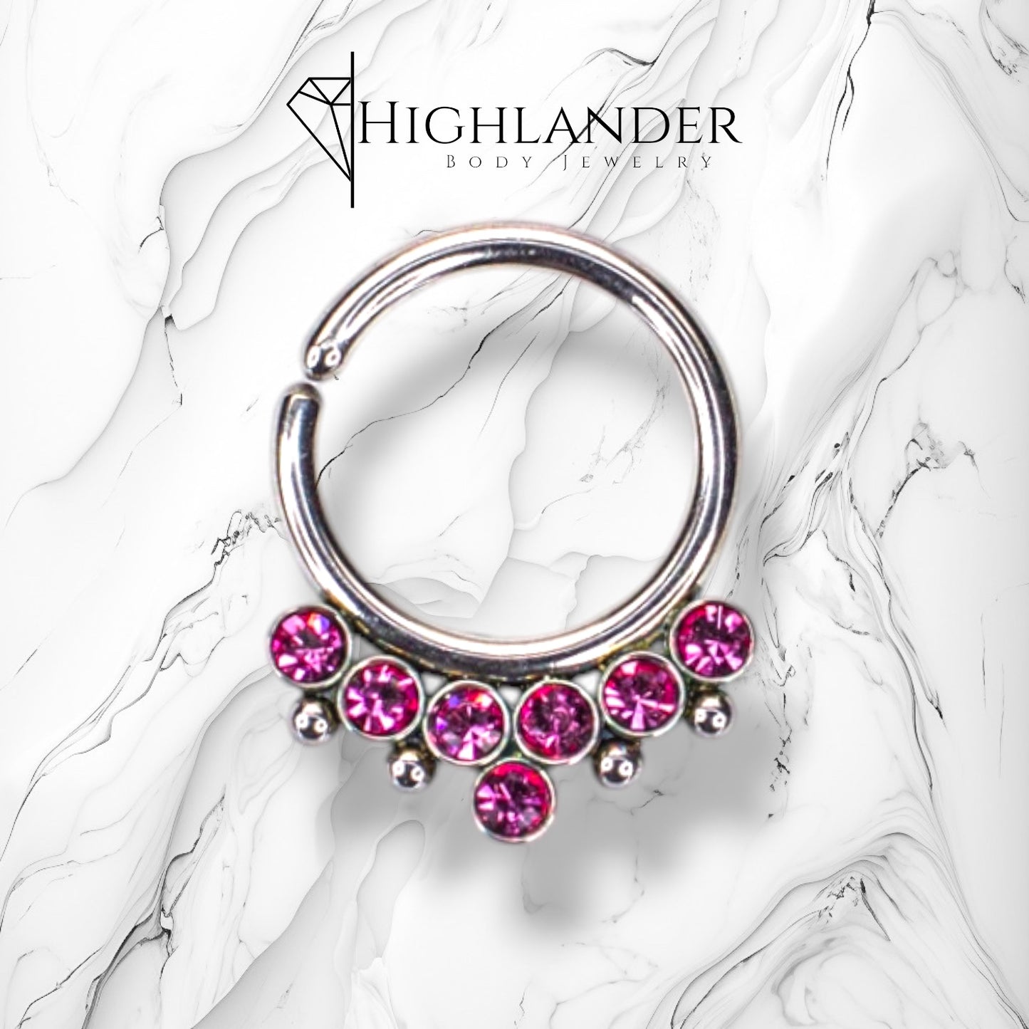 Seven Round Pink CZ with Beads Bendable Nose Hoop