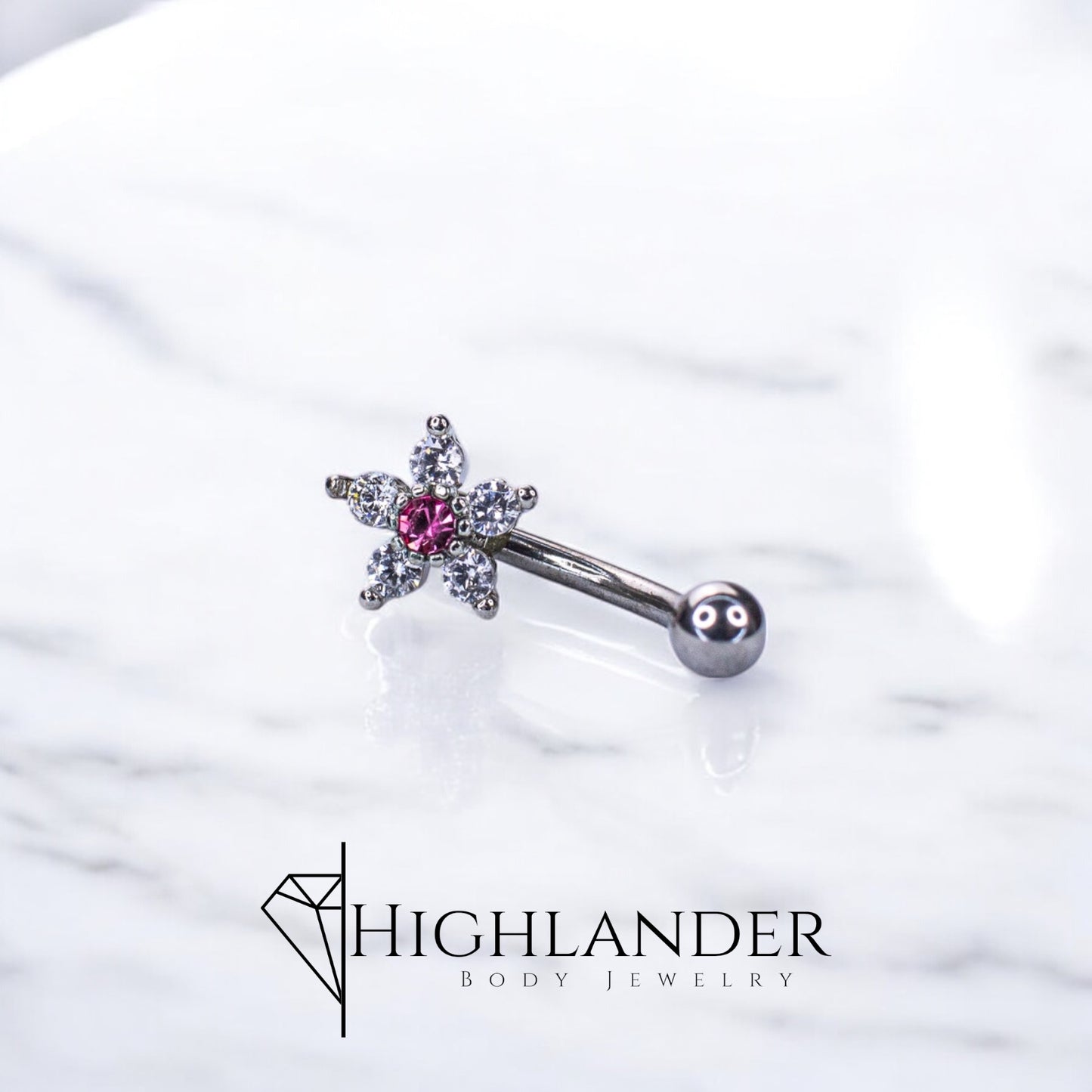 Clear CZ Flower with Pink CZ Center Eyebrow Curved Barbell