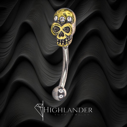 Antique Gold Skull with Clear CZ Eyebrow Curved Barbell