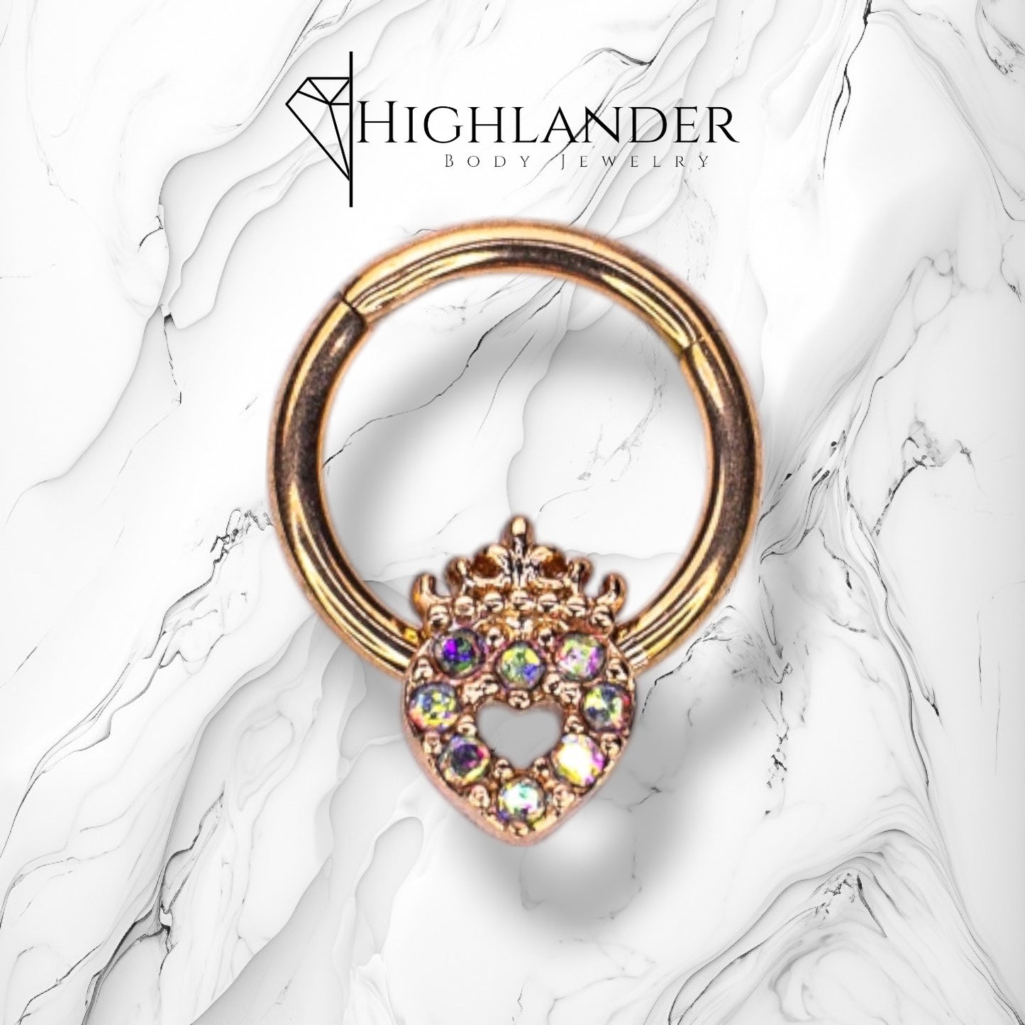 Rose Gold Aurora Borealis CZ Heart with Crown Septum Clicker Ring