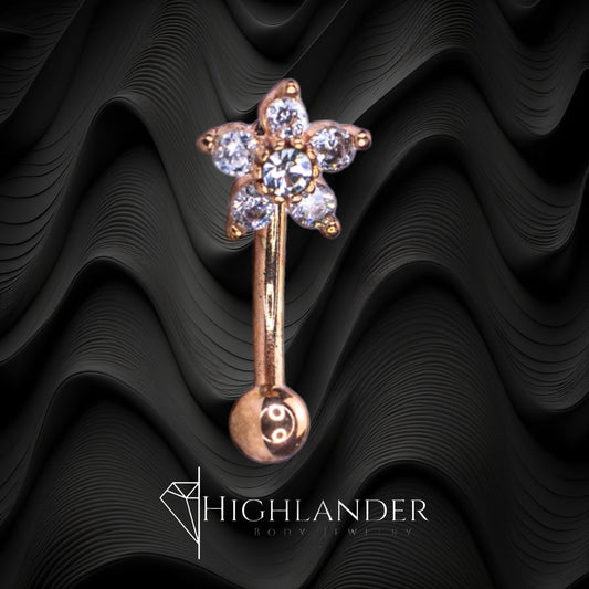 Rose Gold Clear CZ Flower Eyebrow Curved Barbell