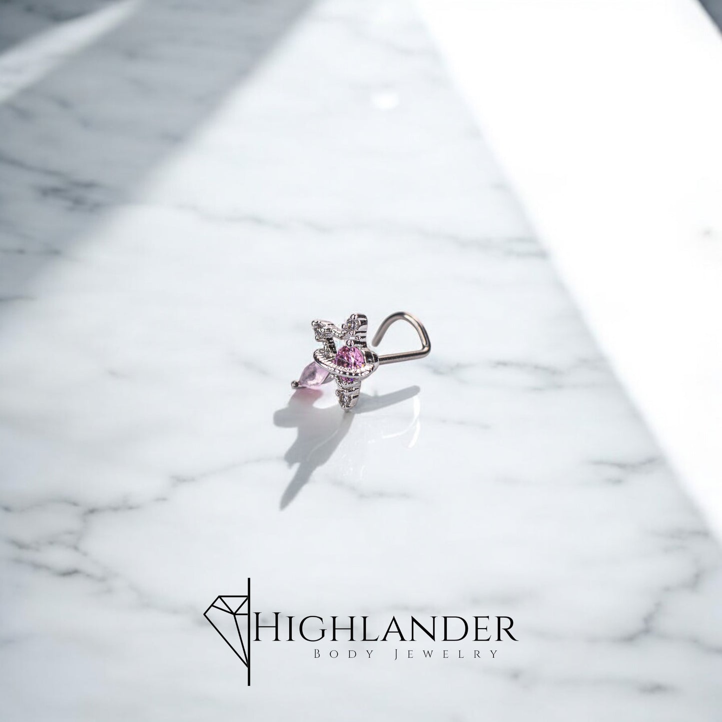 Clear CZ Asymmetrical Star with Pink CZ Nose Screw