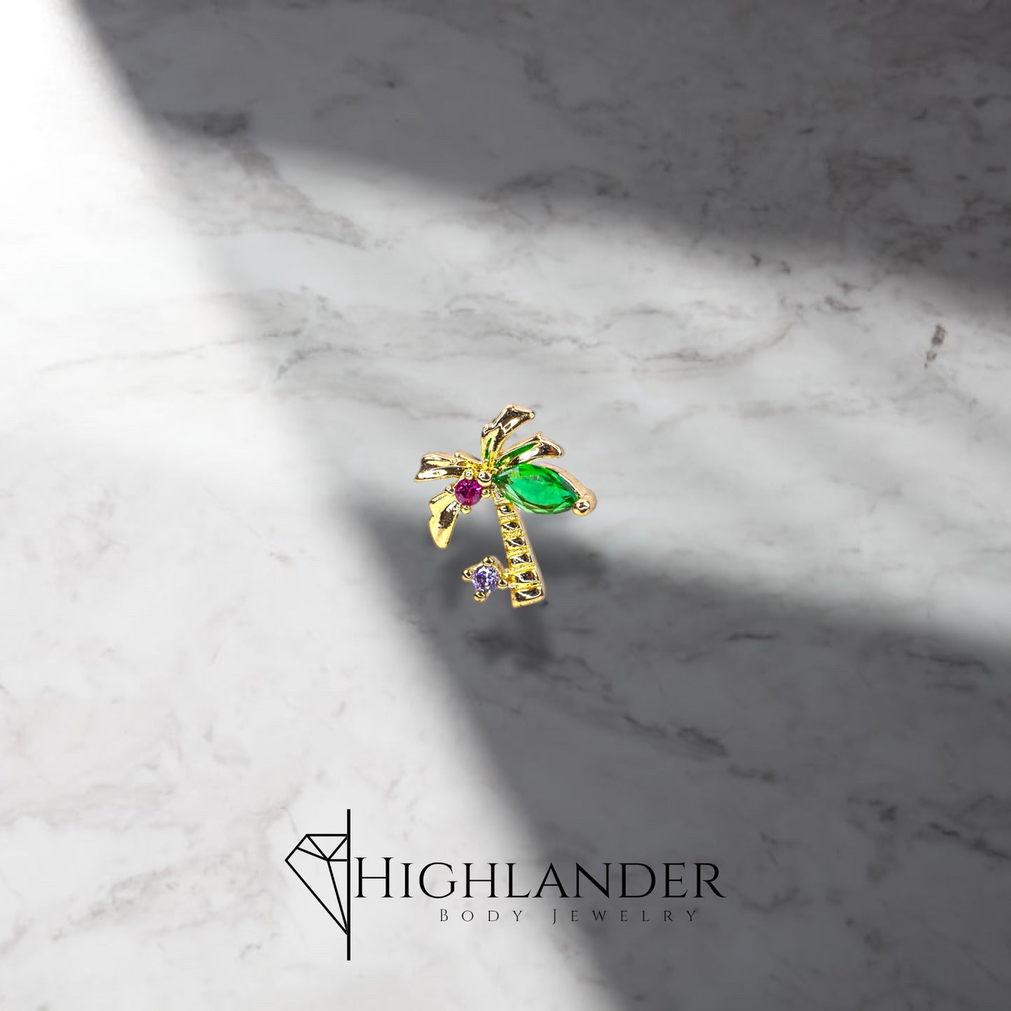 Gold Palm Tree With Green CZ Leaf and Pink CZ Coconut Nose Stud