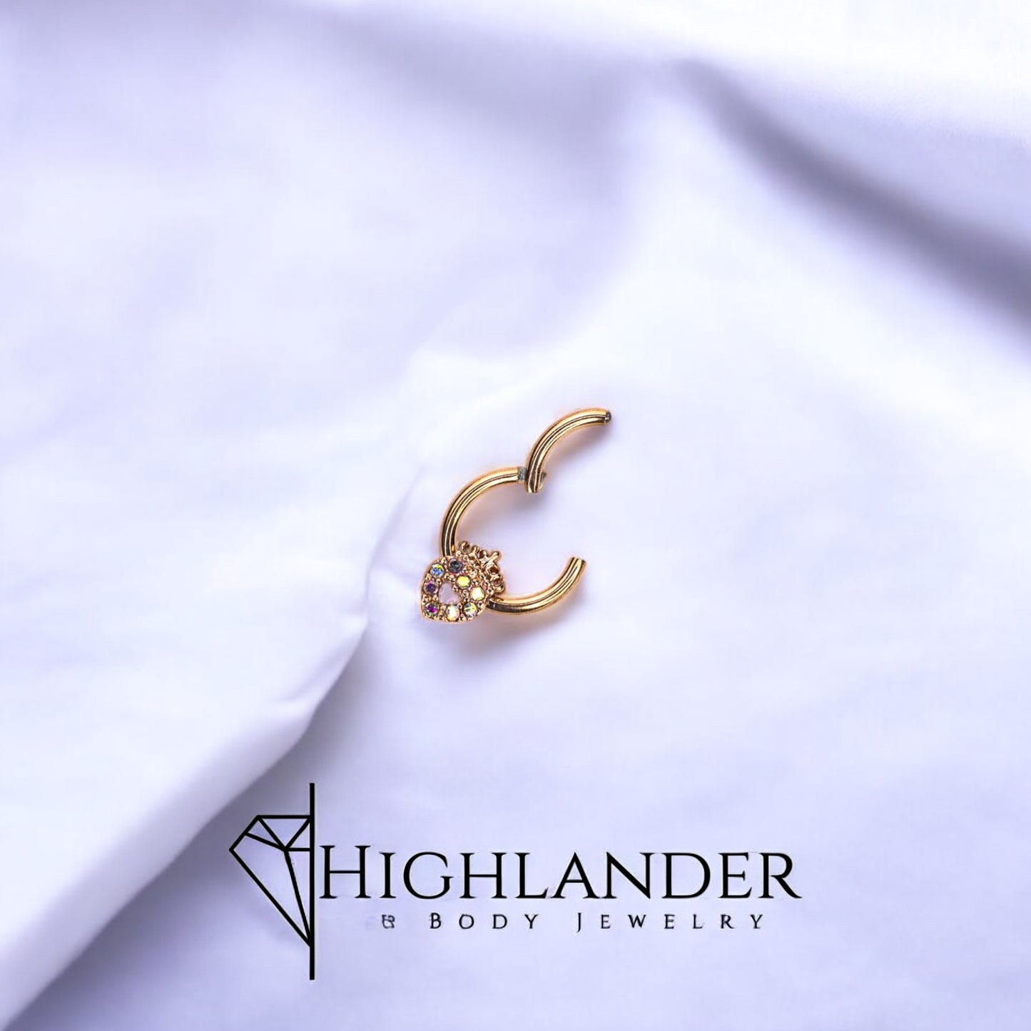 Rose Gold Aurora Borealis CZ Heart with Crown Septum Clicker Ring