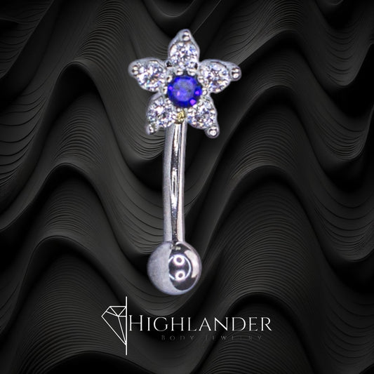 Clear CZ Flower with Blue CZ Center Eyebrow Curved Barbell