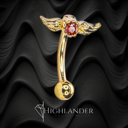 Gold Angel Wings with Red CZ Eyebrow Curved Barbell