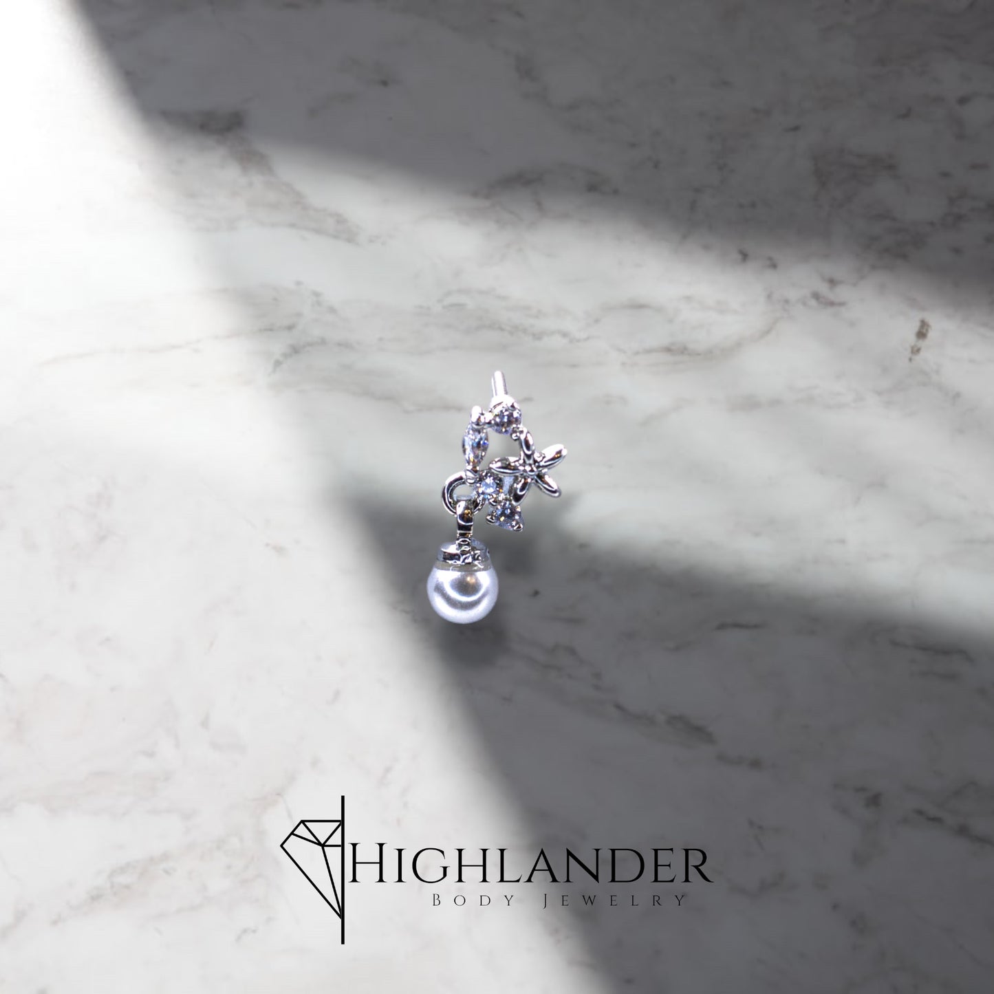 Flower and Clear CZ Cluster with Pearl Dangle Nose Stud