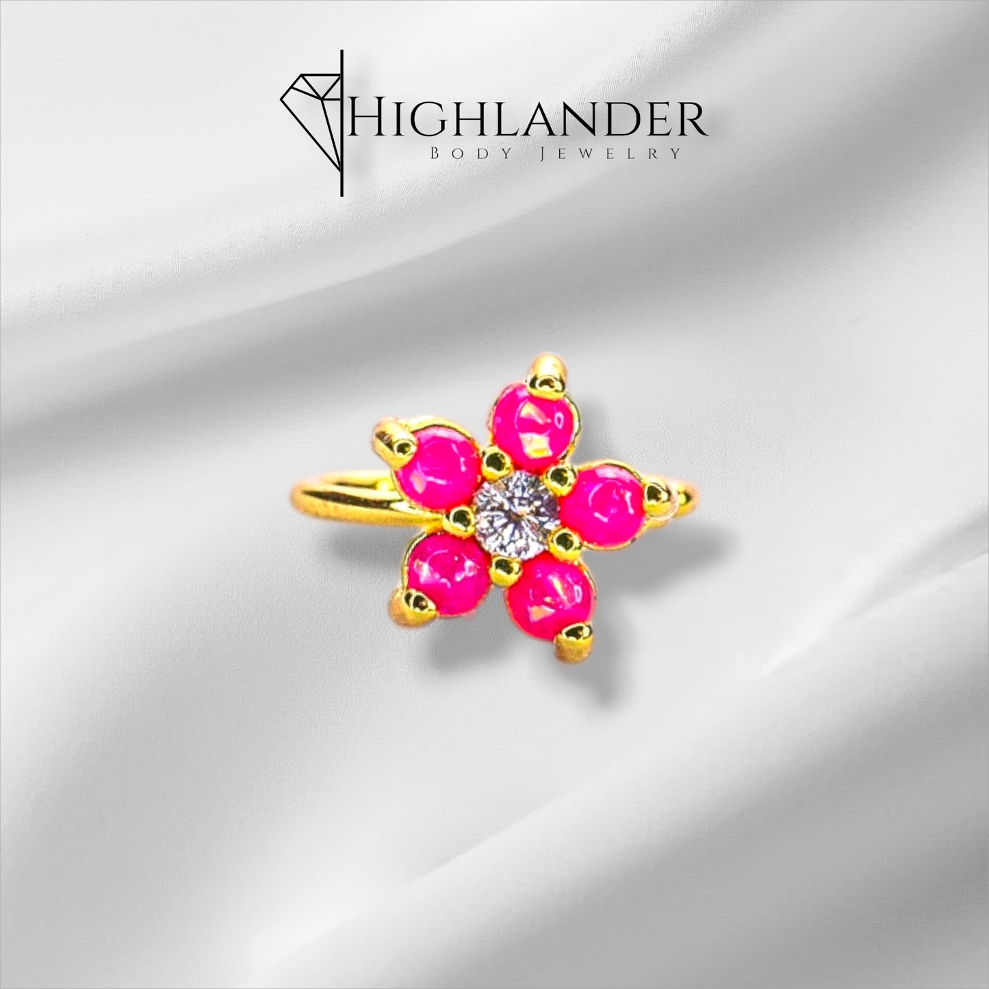 Gold Pink Opal Flower with Clear CZ Center Nose Hoop