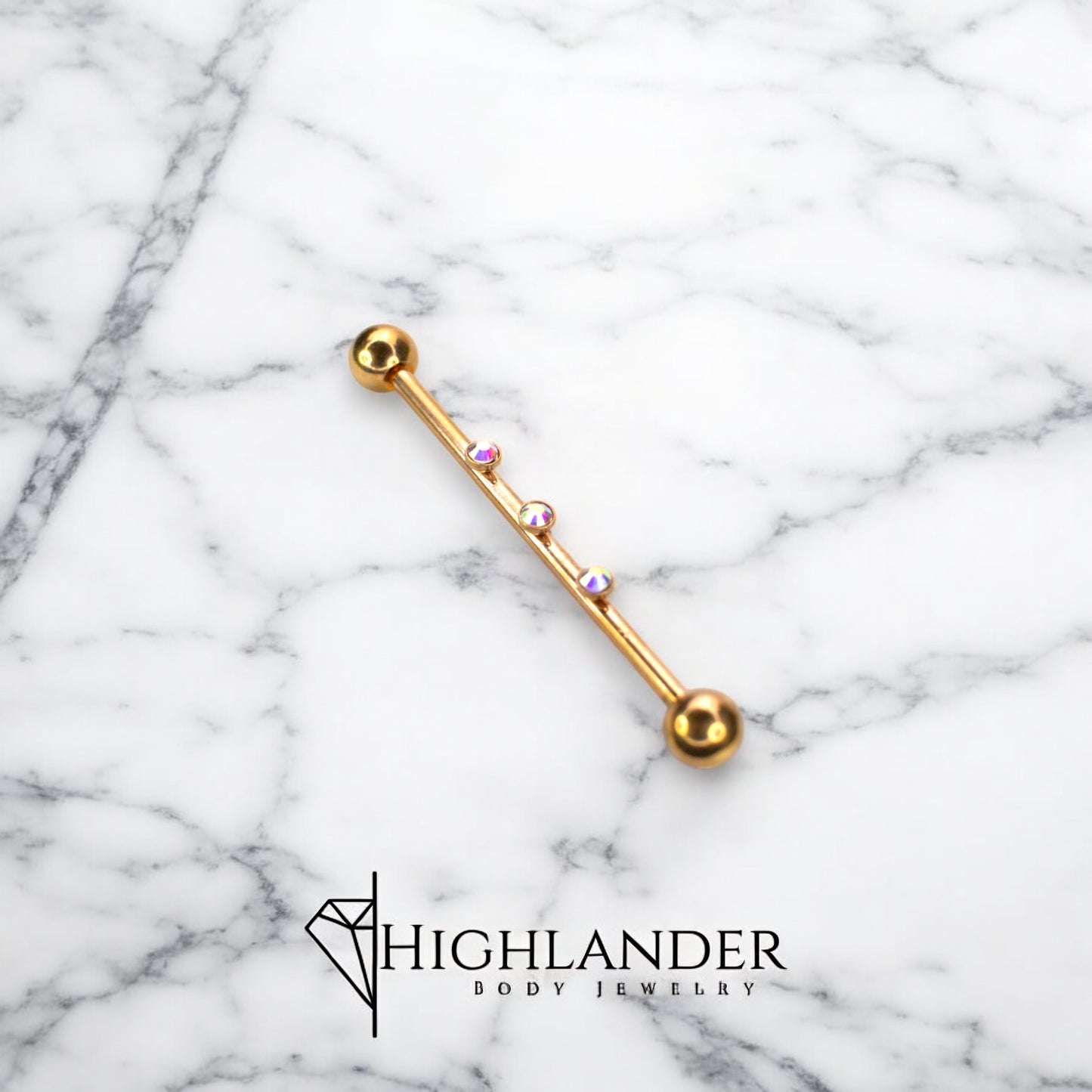 Rose Gold IP Triple Raised Aurora Borealis CZ Industrial Barbell