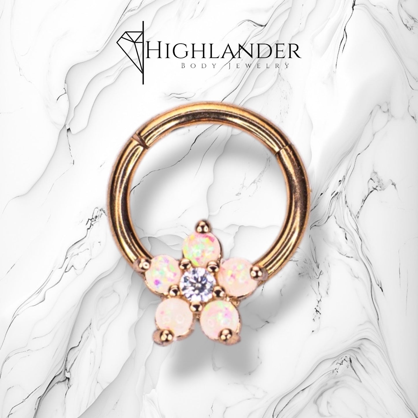 Rose Gold White Opal Flower with Clear CZ Septum Clicker Ring