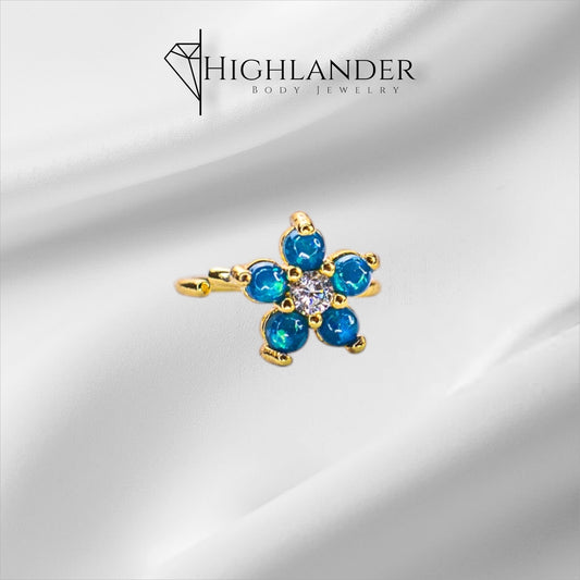 Gold Aqua Opal Flower with Clear CZ Center Nose Hoop