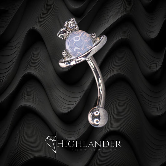 Moonstone Planet with Ring and Clear CZ Eyebrow Curved Barbell