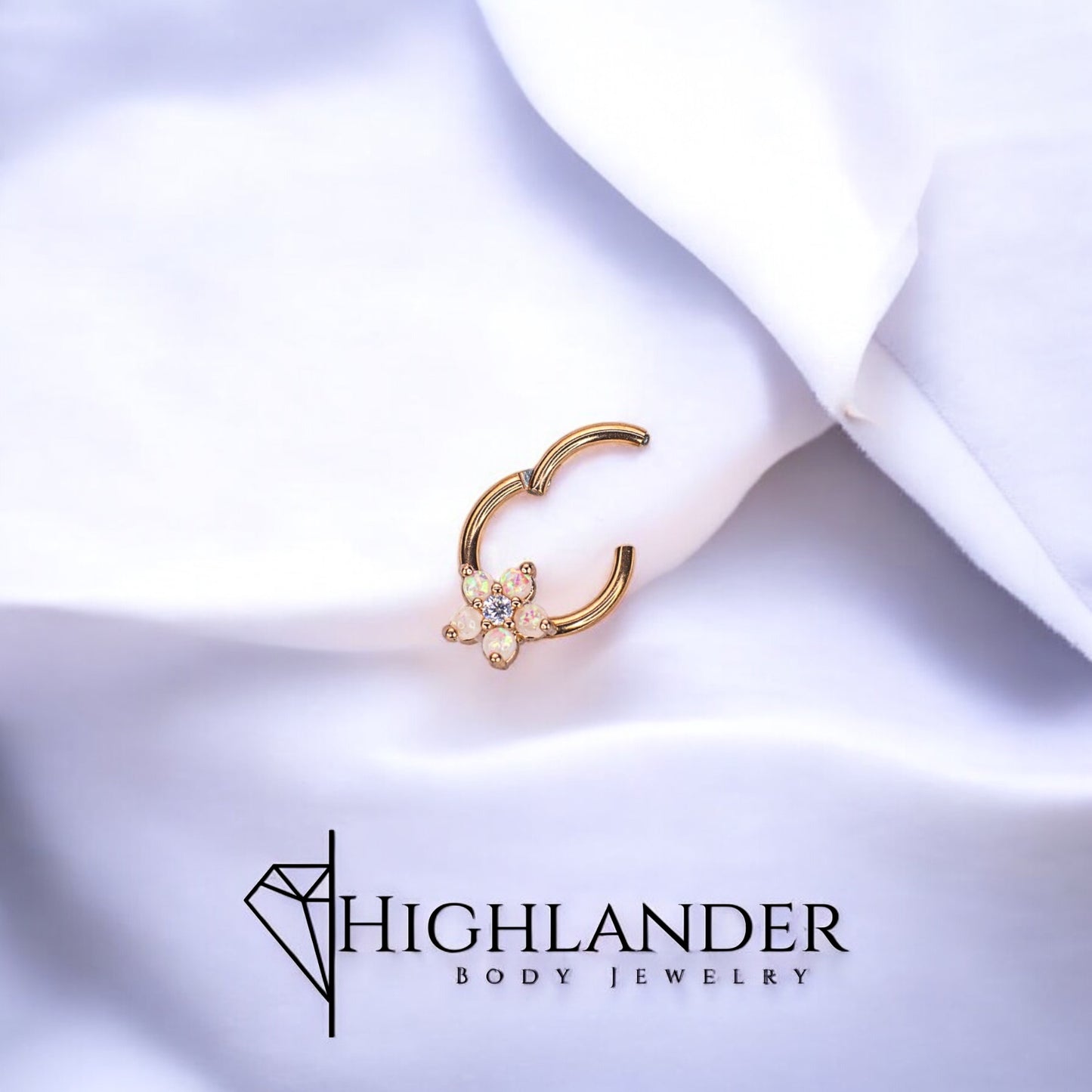 Rose Gold White Opal Flower with Clear CZ Septum Clicker Ring