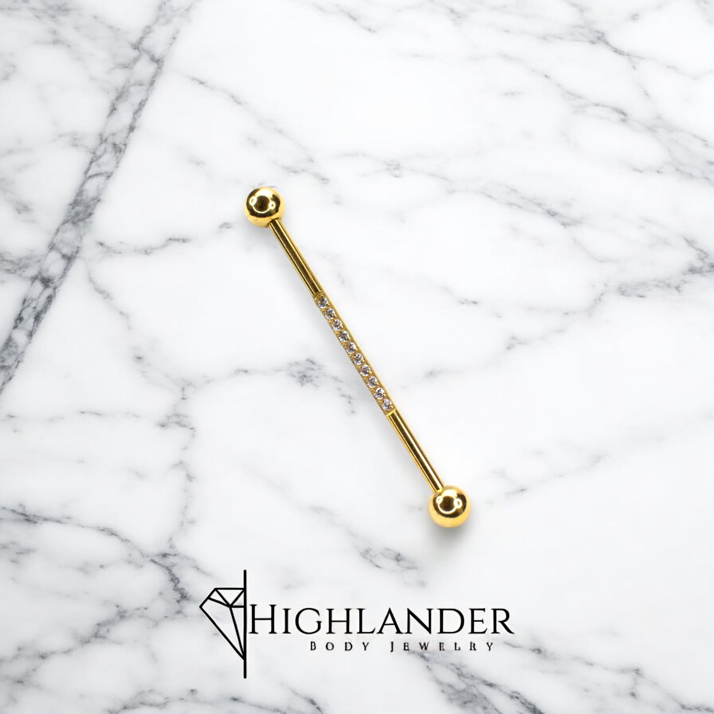 Gold with Clear CZ Lined Industrial Barbell