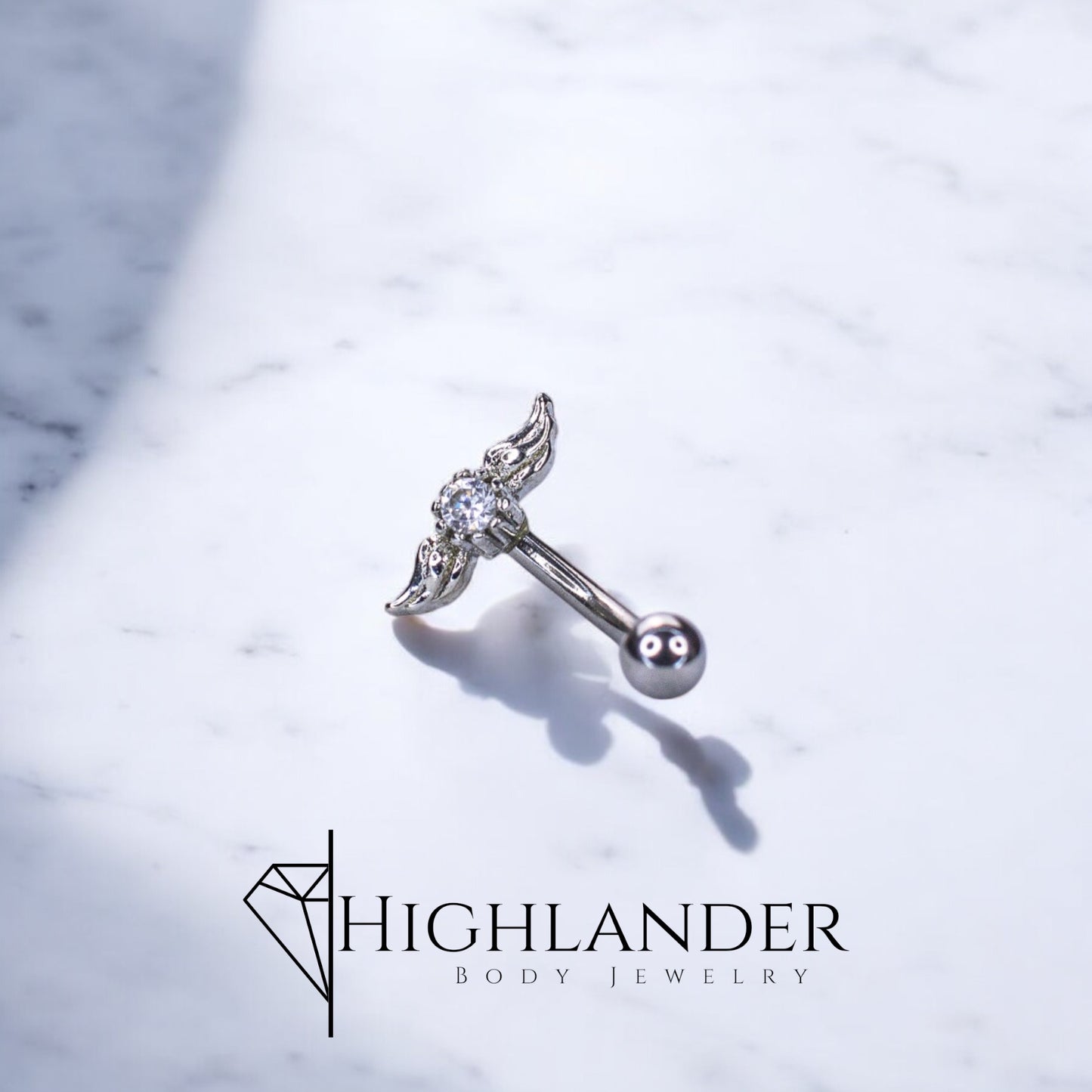 Angel Wings with Clear CZ Eyebrow Curved Barbell