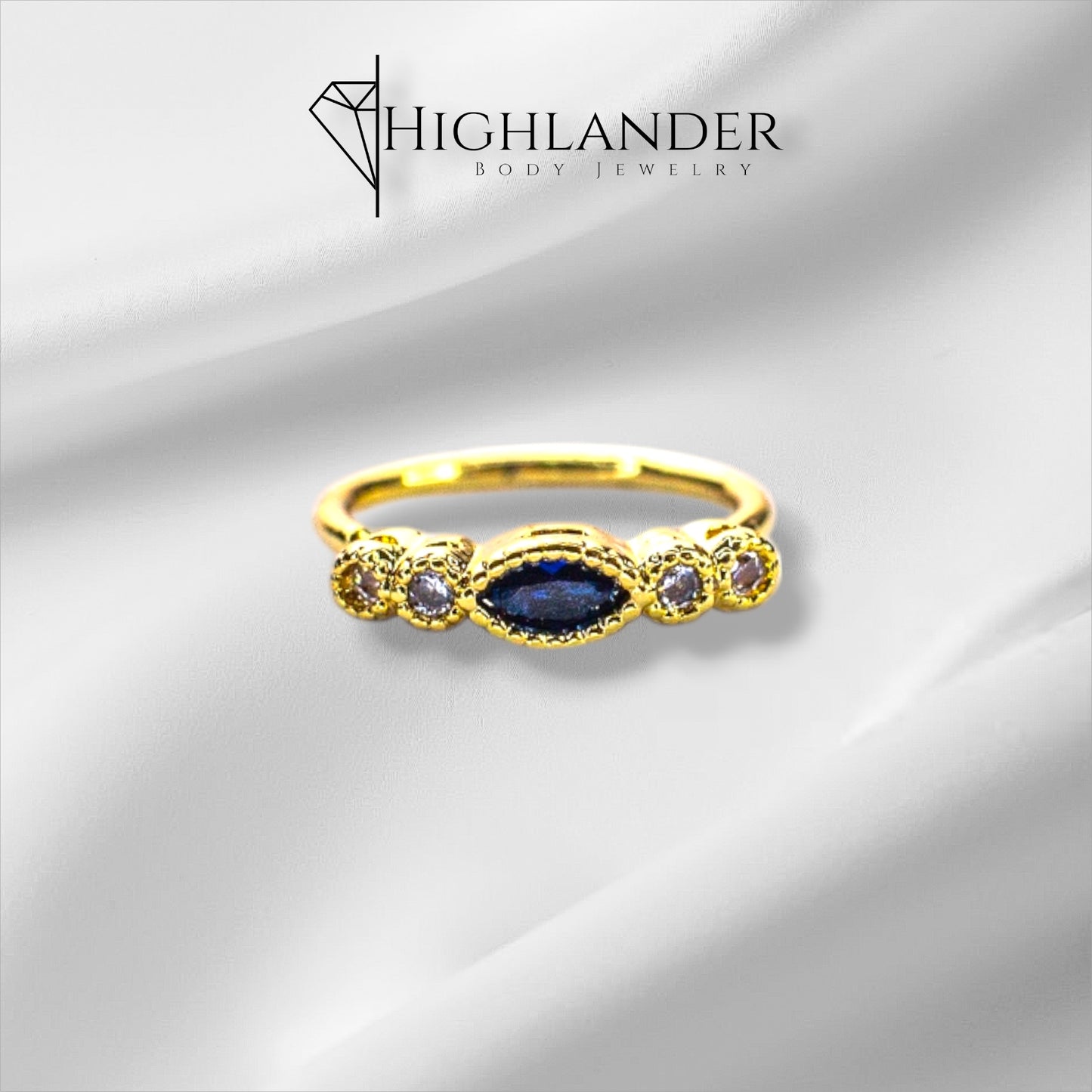 Gold Marquise Cut Sapphire Blue CZ with Clear CZ Nose Hoop