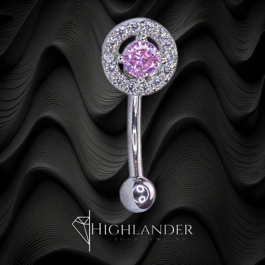 Pink CZ with Clear CZ Halo Eyebrow Curved Barbell