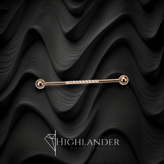 Rose Gold with Clear CZ Lined Industrial Barbell