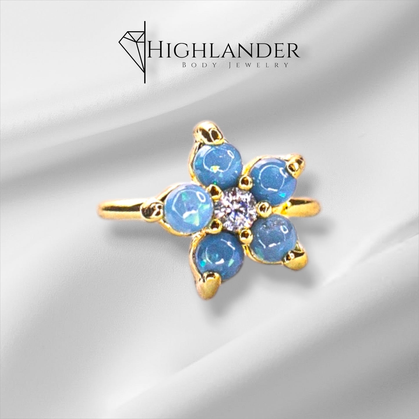 Gold Blue Opal Flower with Clear CZ Center Nose Hoop