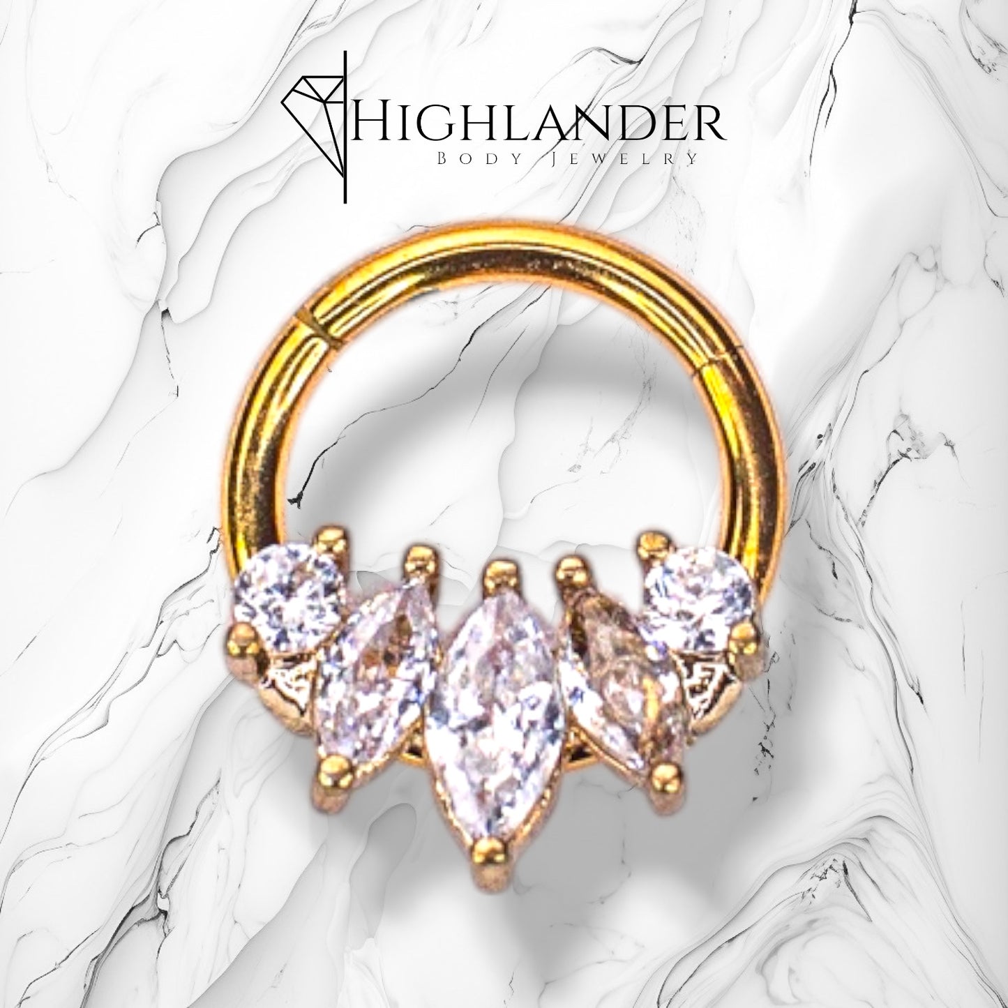 Rose Gold Three Marquise Cut Clear CZ with Two Round CZ Septum Clicker Ring