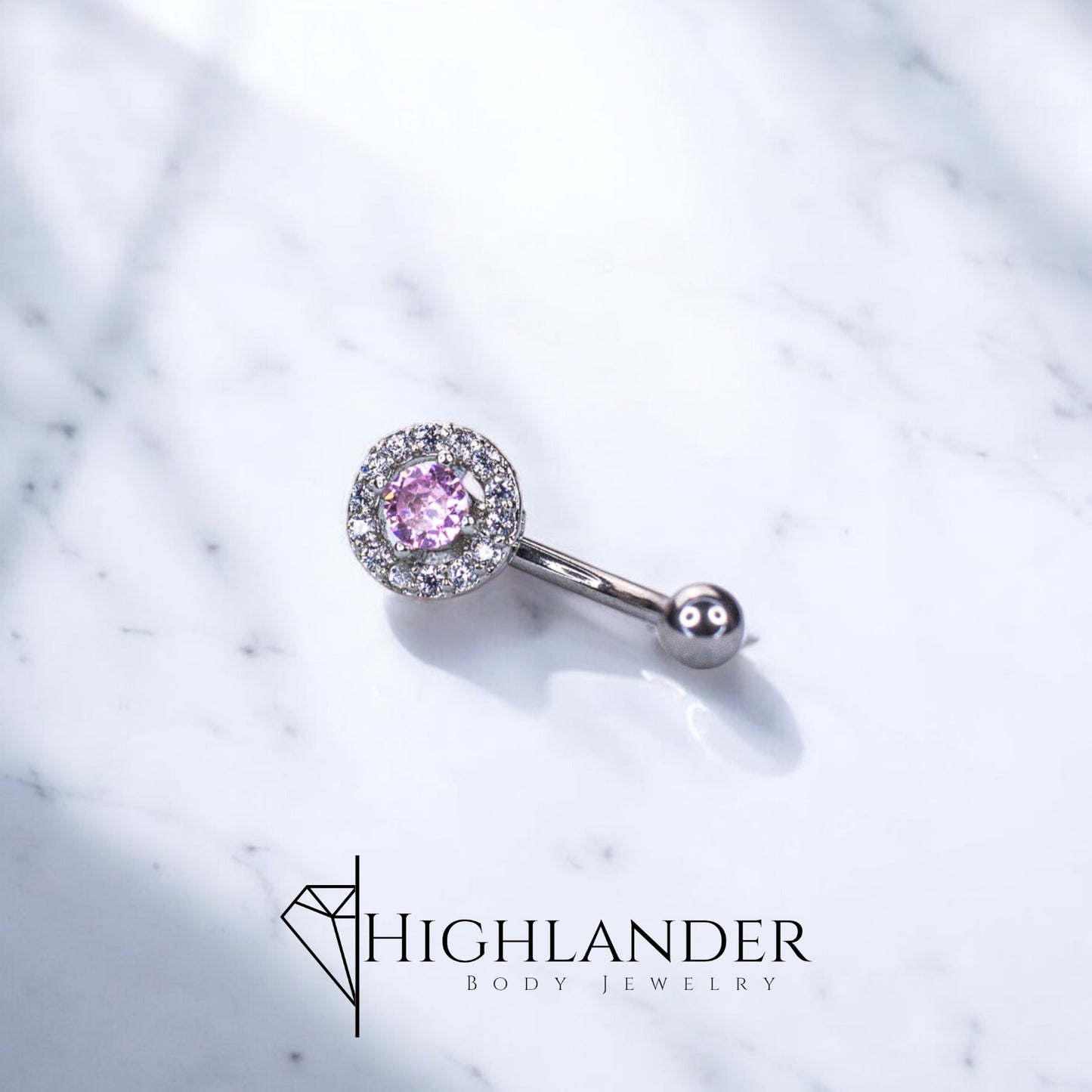 Pink CZ with Clear CZ Halo Eyebrow Curved Barbell