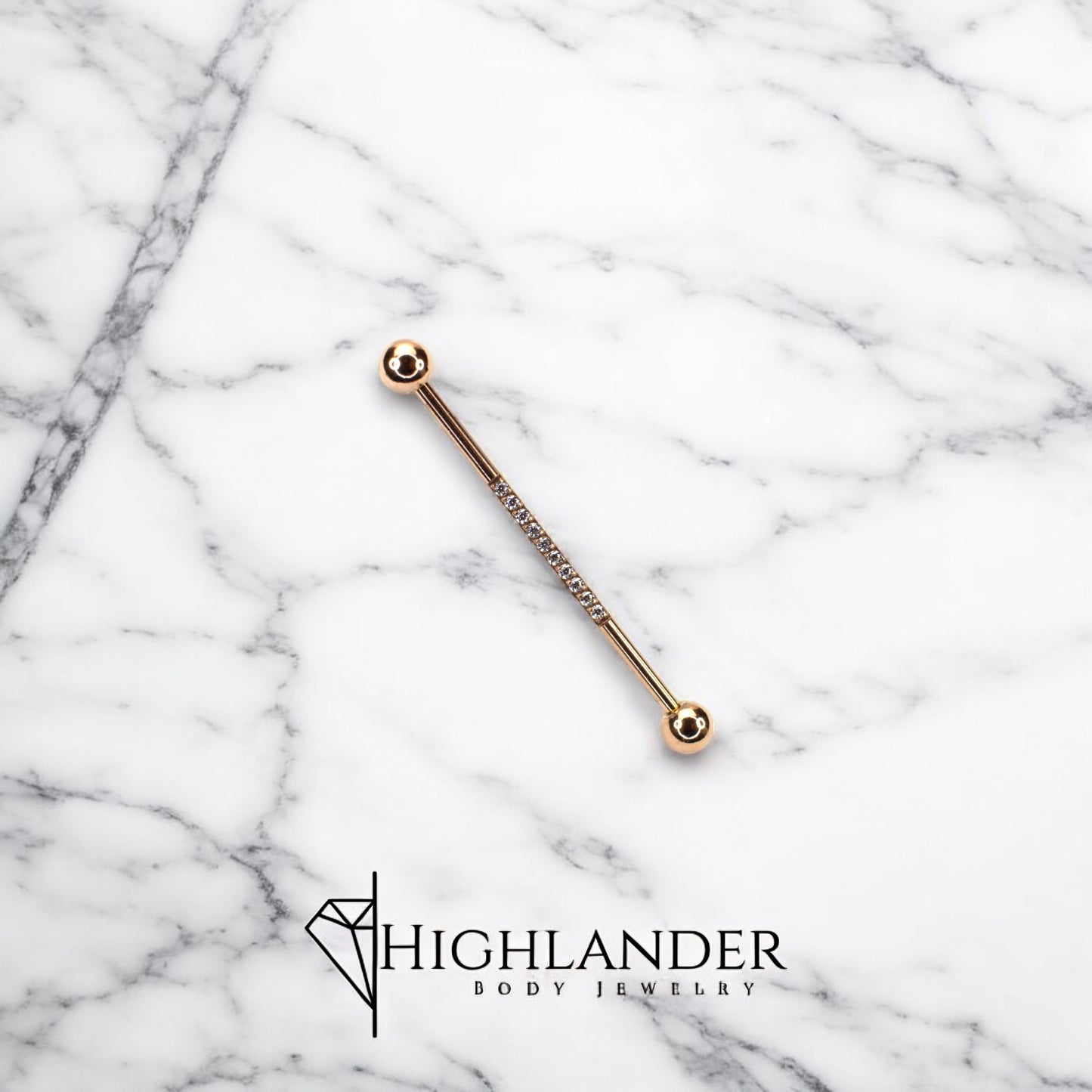 Rose Gold with Clear CZ Lined Industrial Barbell