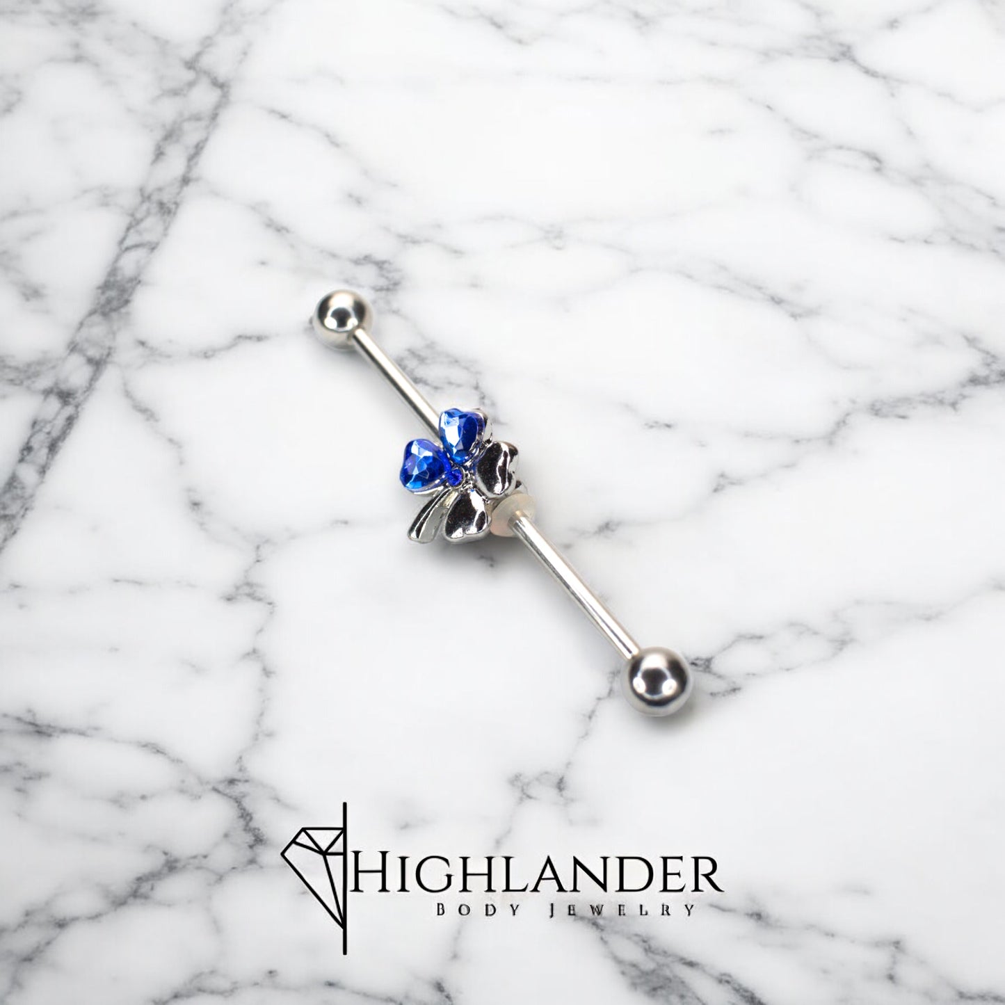 Half Blue CZ Clover Industrial Barbell