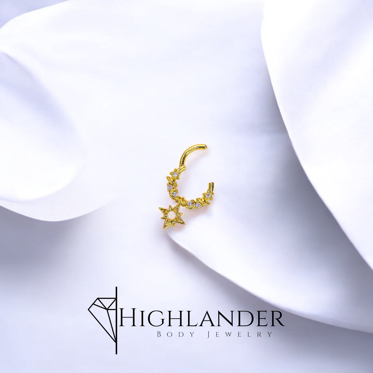 Gold Wire Coiled Clear CZ with White Opal Starburst Septum Clicker Ring