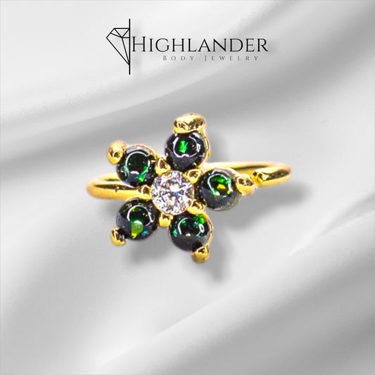 Gold Dark Green Opal Flower with Clear CZ Center Nose Hoop