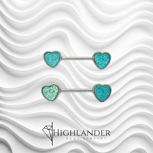 Aqua Glitter Heart Nipple Barbells