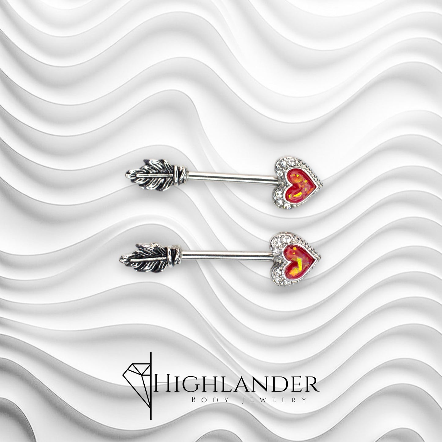 Red Opal Heart Arrow with Clear CZ Nipple Barbells