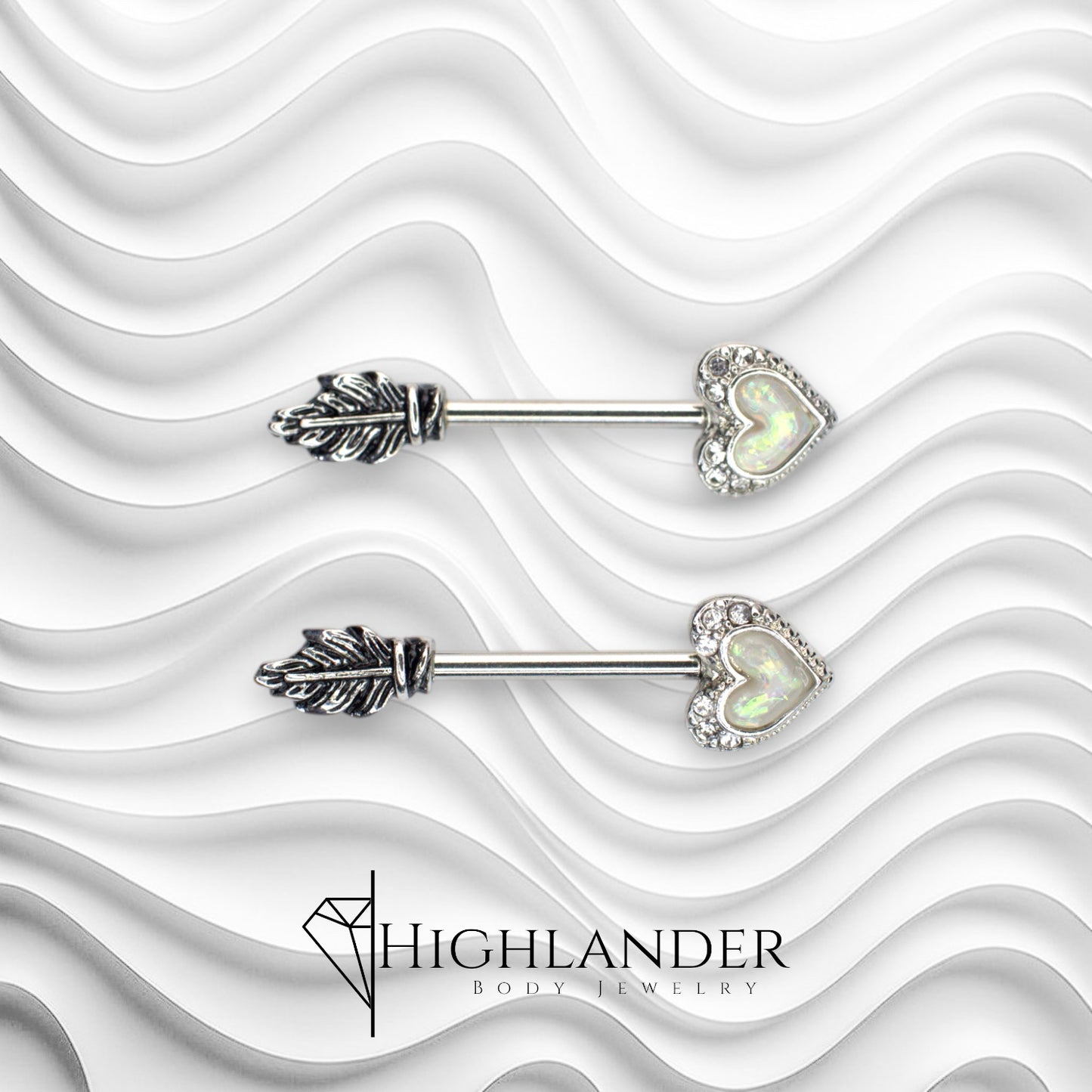 White Opal Heart Arrow with Clear CZ Nipple Barbells