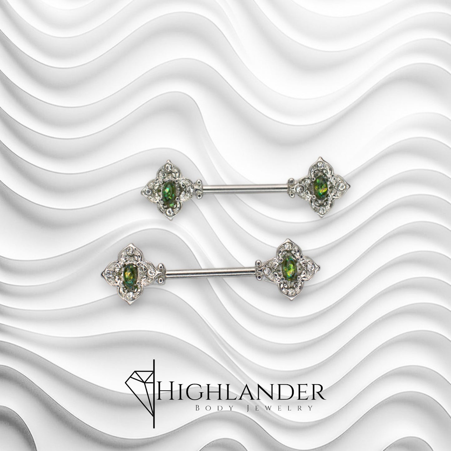 Filigree with Oval Green Opal Nipple Barbells