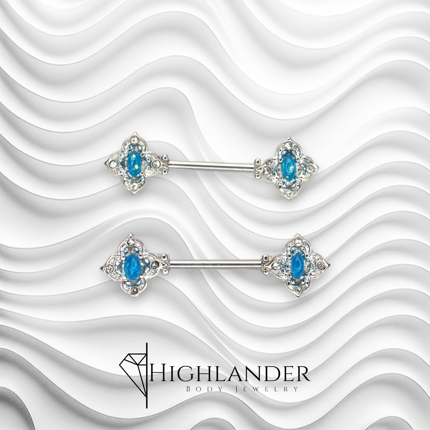 Filigree with Oval Blue Opal Nipple Barbells