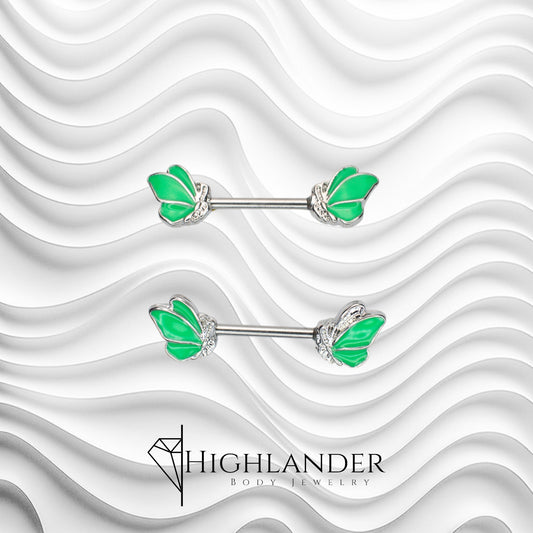 Green Enamel Butterflies Nipple Barbells