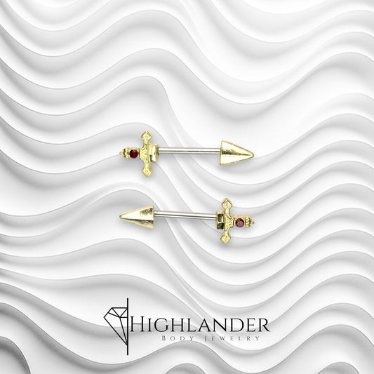 Gold Dagger Ends with Red CZ Nipple Barbells