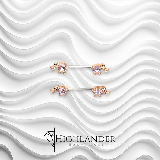 Rose Gold with Pink CZ Elephant Nipple Barbells