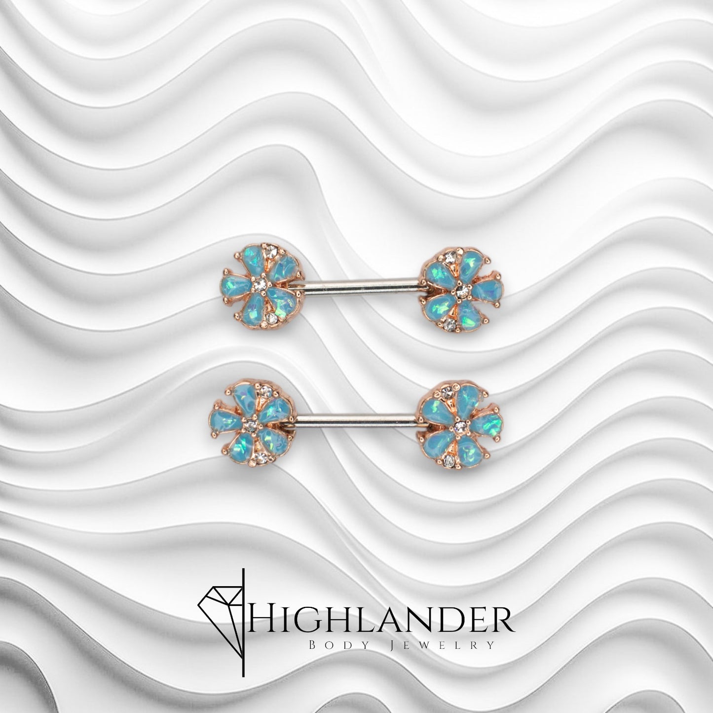 Rose Gold Aqua Opal Petal Flower Nipple Barbells