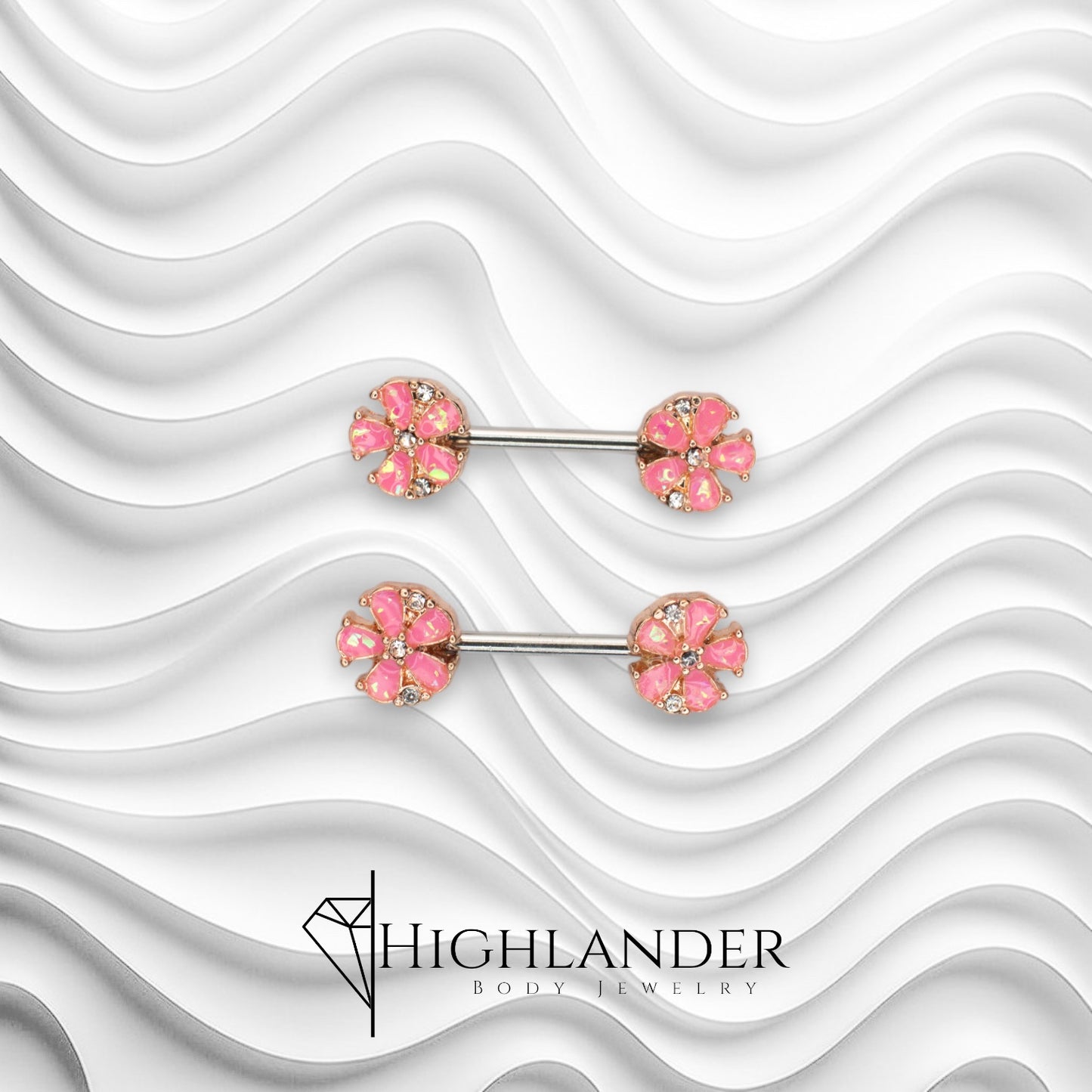 Rose Gold Pink Opal Petal Flower Nipple Barbells