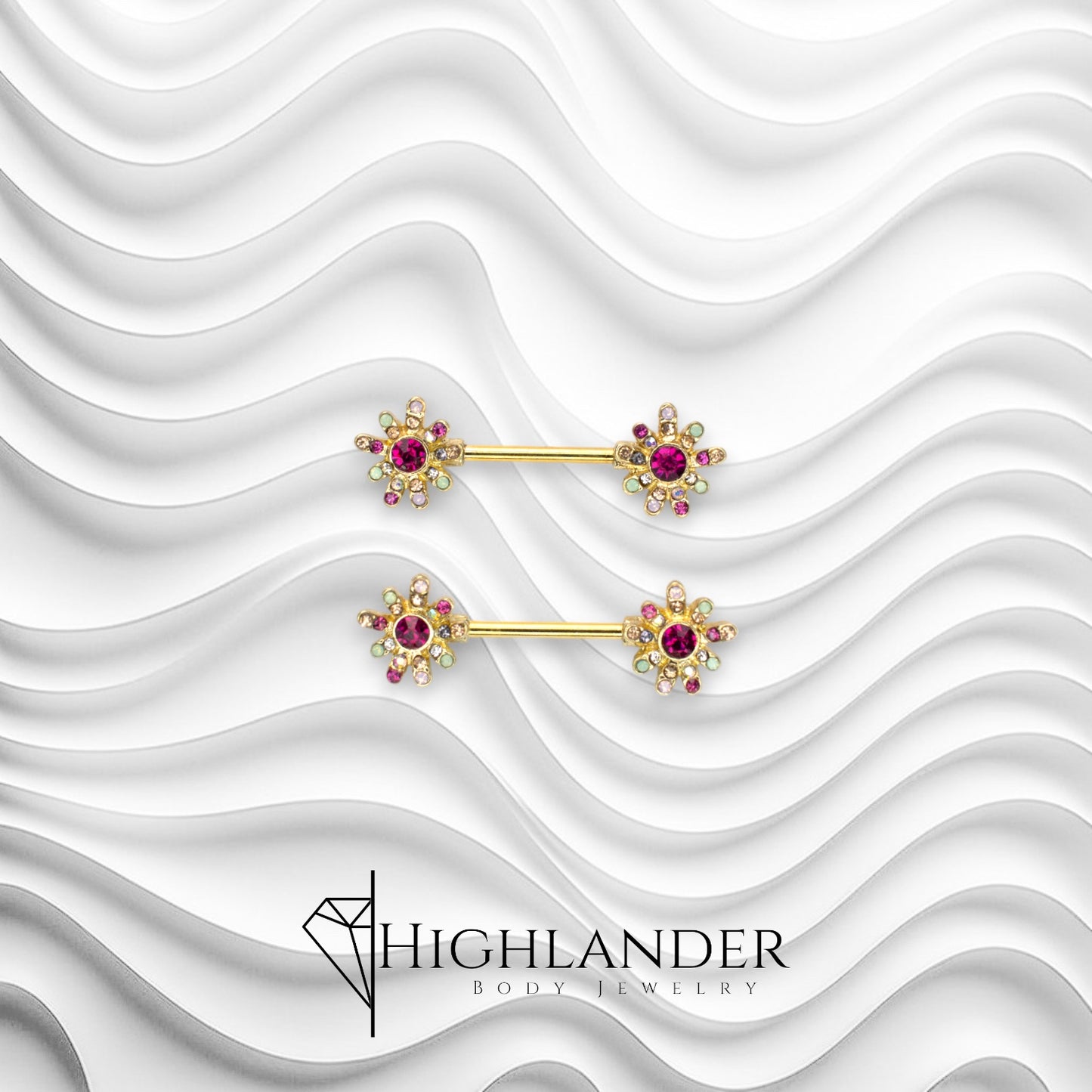 Gold Dark Pink CZ Centered Flower Ends Nipple Barbells