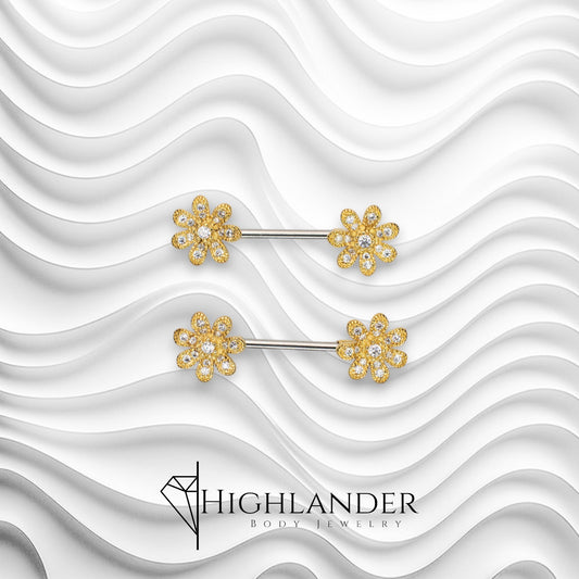 Gold Flower with Paved Clear CZ Nipple Barbells