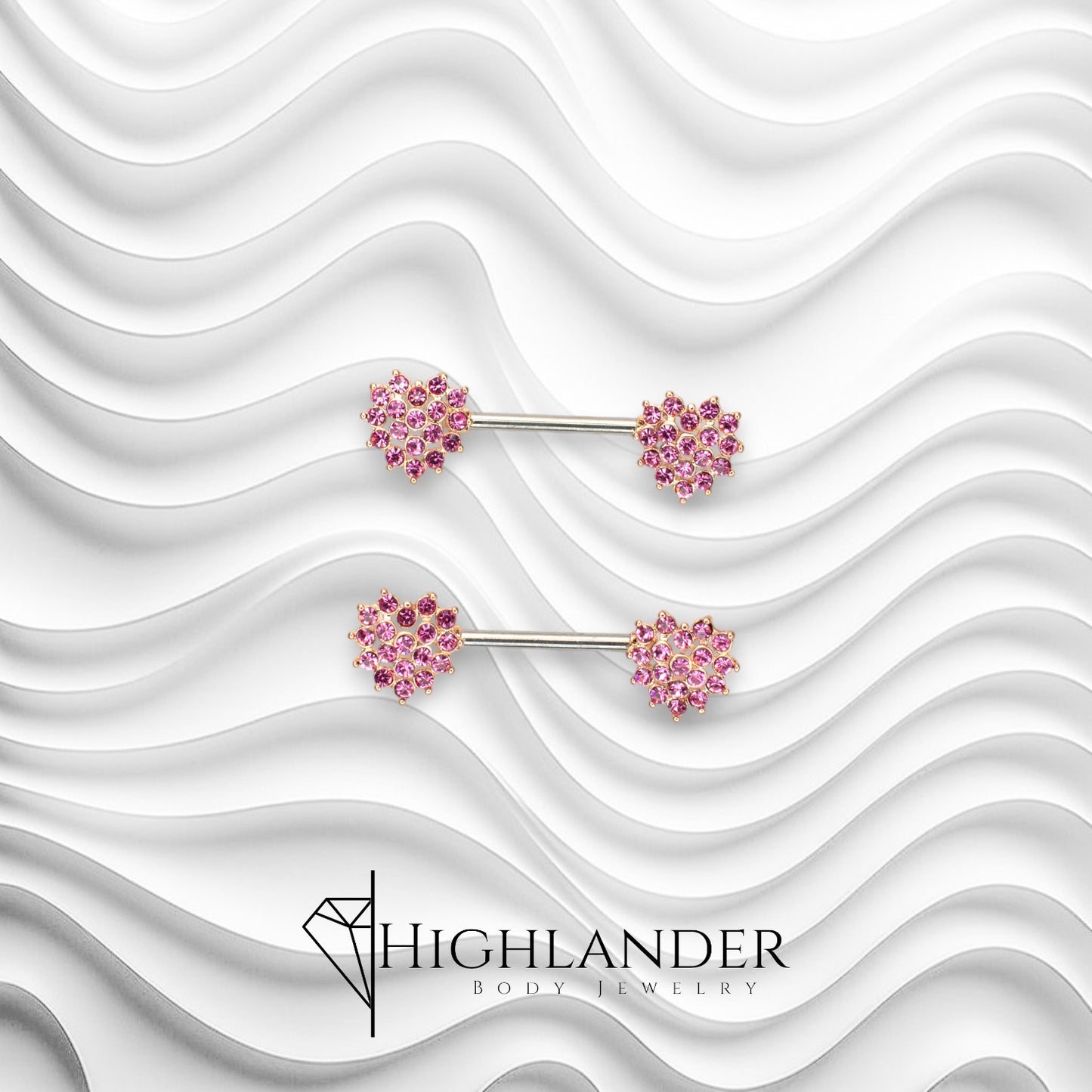 Rose Gold Pink CZ Paved Heart Ends Nipple Barbells