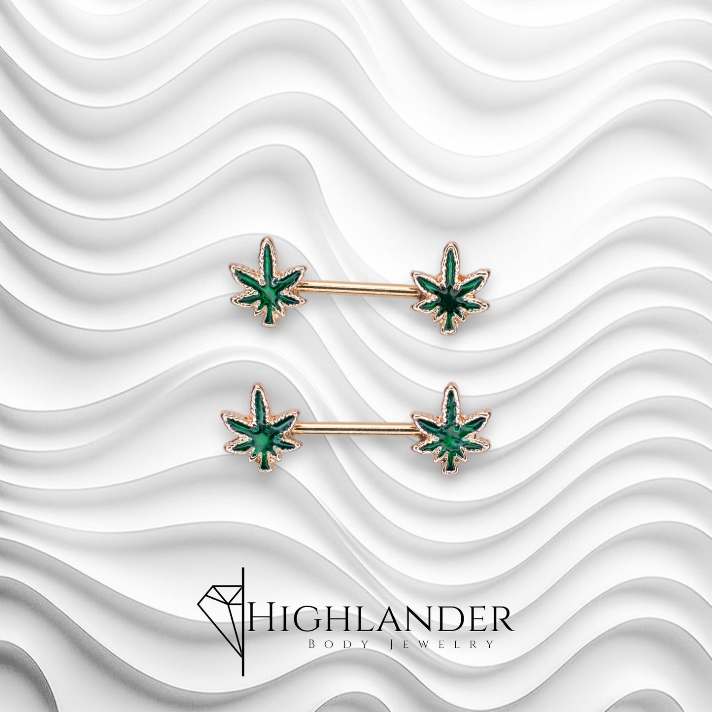 Rose Gold Green Enamel Leaf Nipple Barbells