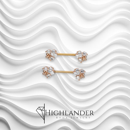 Rose Gold Clear CZ Circle with Flower Nipple Barbells