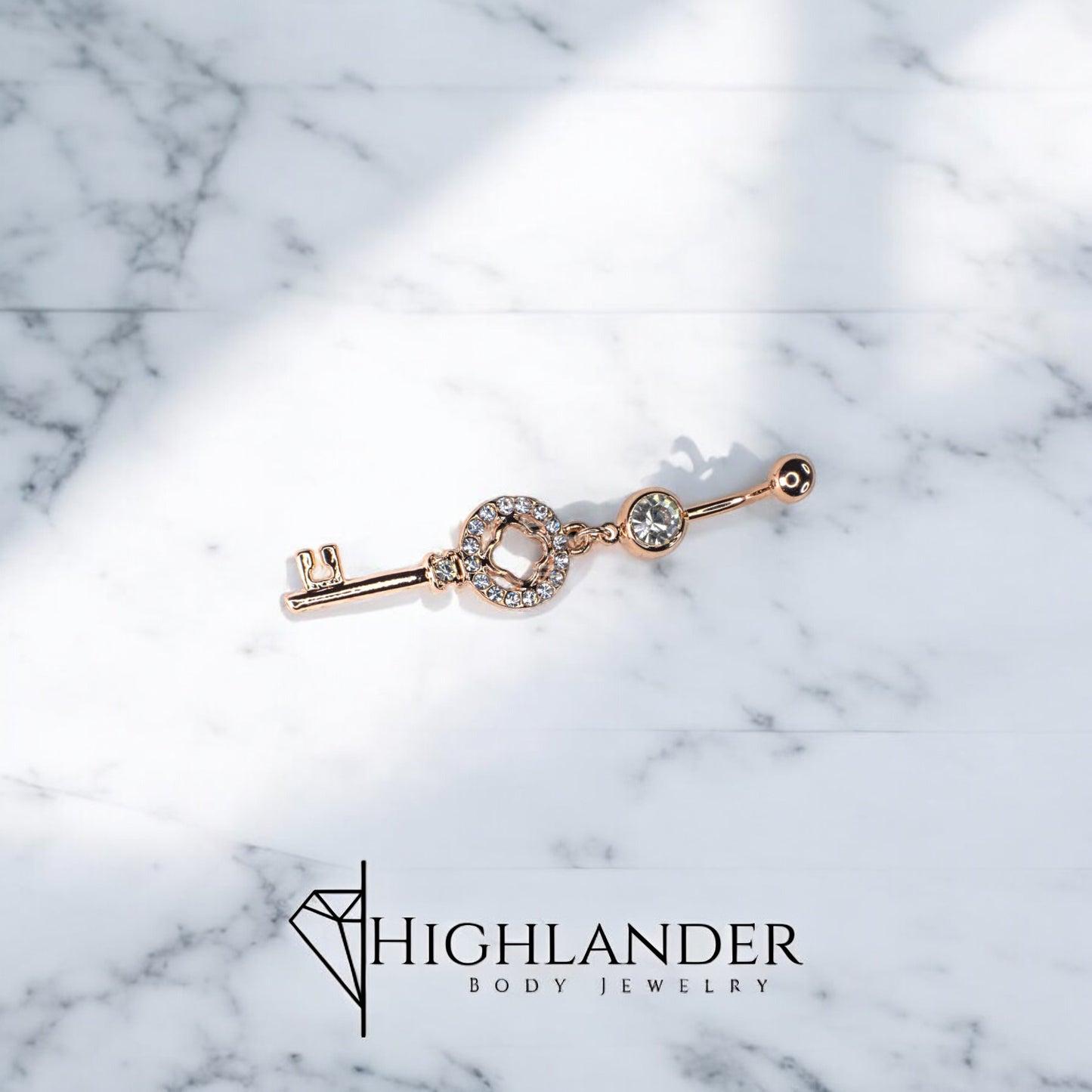 Rose Gold Key with Clear CZ Navel Piercing - Dangle